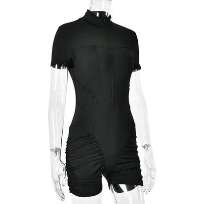 JULISSA MO Turtleneck Yoga Short Sleeve Zipper Women Playsuit High Waist Ruched Bodysuit Summer Slim Casual Sporty Playsuit New