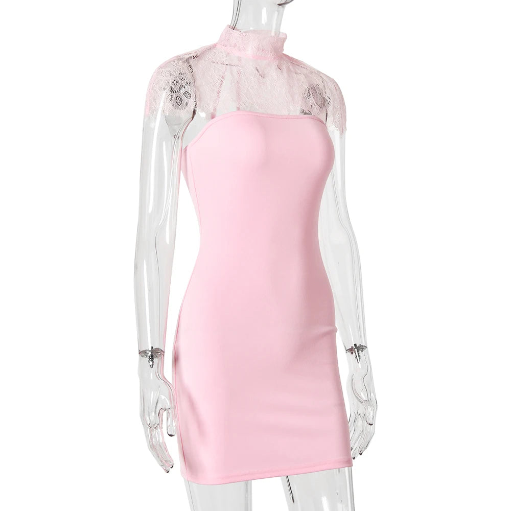 JULISSA MO Sexy Strapless Turtleneck Lace Women Mini Dress Sleeveless See Through Dress Summer Skinny Elegant Party Club Dresses