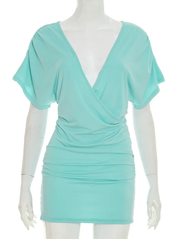 JULISSA MO Deep V-neck Ruched Mini Dress Women Backless Short Sleeve High Wasit Dresses Spring Bodycon Elegant Party Club Dress
