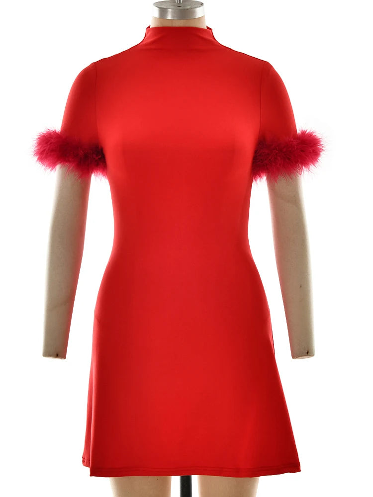 JULISSA MO Turtleneck Patchwork Feather Sleeve Women Mini Dress Short Sleeve A-line Dress Spring Skinny Elegant Party Club Dress