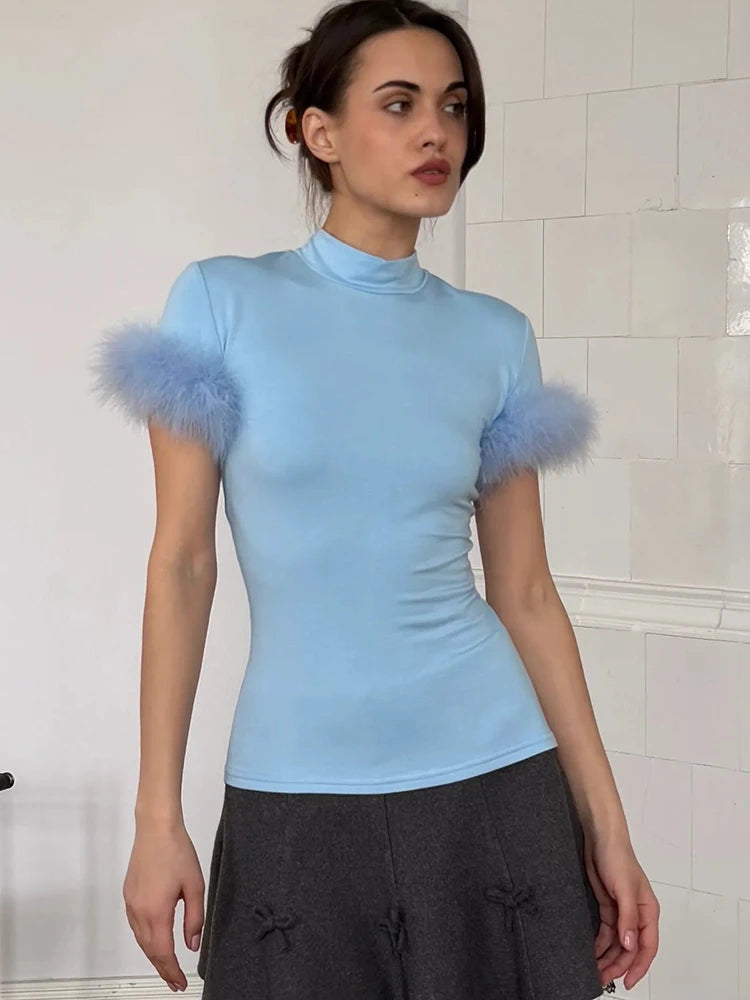 JULISSA MO Turtleneck Patchwork Feather Sleeve Women T-shirts Short Sleeve Casual Short Tops Summer Slim Fashion Party Clubwear