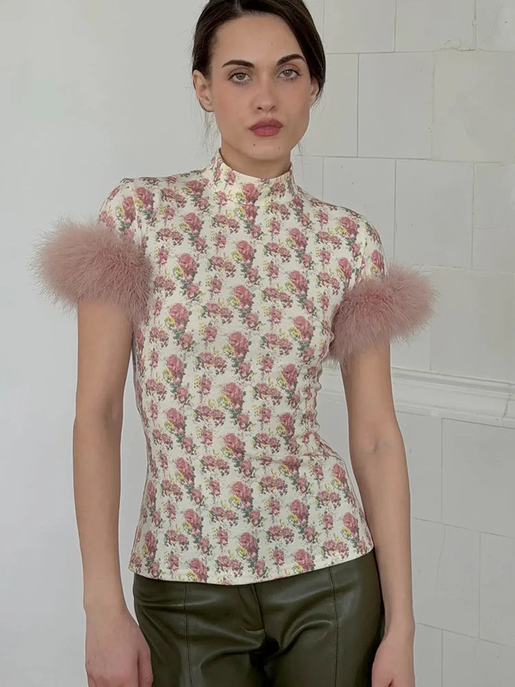 JULISSA MO Turtleneck Patchwork Feather Sleeve Women T-shirts Short Sleeve Casual Short Tops Summer Slim Fashion Party Clubwear