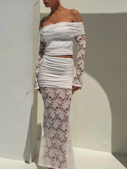 JULISSA MO Sexy Off Shoulder Two Piece Sets Women Skirt Suit White Long Sleeve Top Long Skirt Autumn Slim Elegant Skirt Set 2025