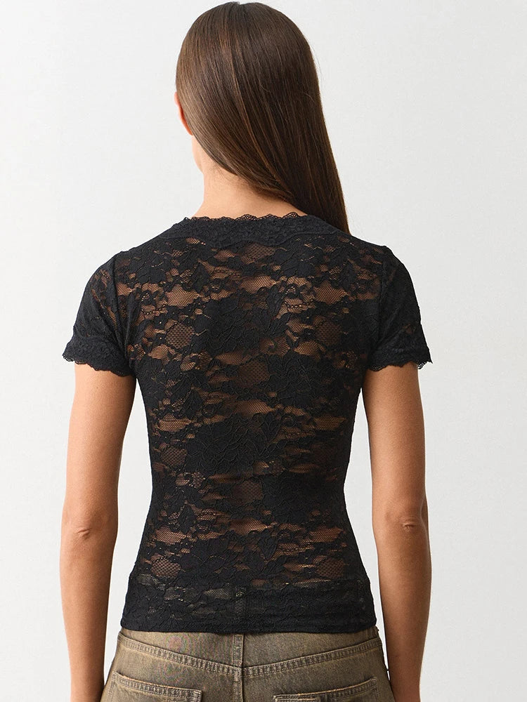 JULISSA MO Sexy Deep V-neck Sheer Lace Women T-shirt Black Short Sleeve Floral T-shirt Summer Skinny Casual Vacation Streetwear