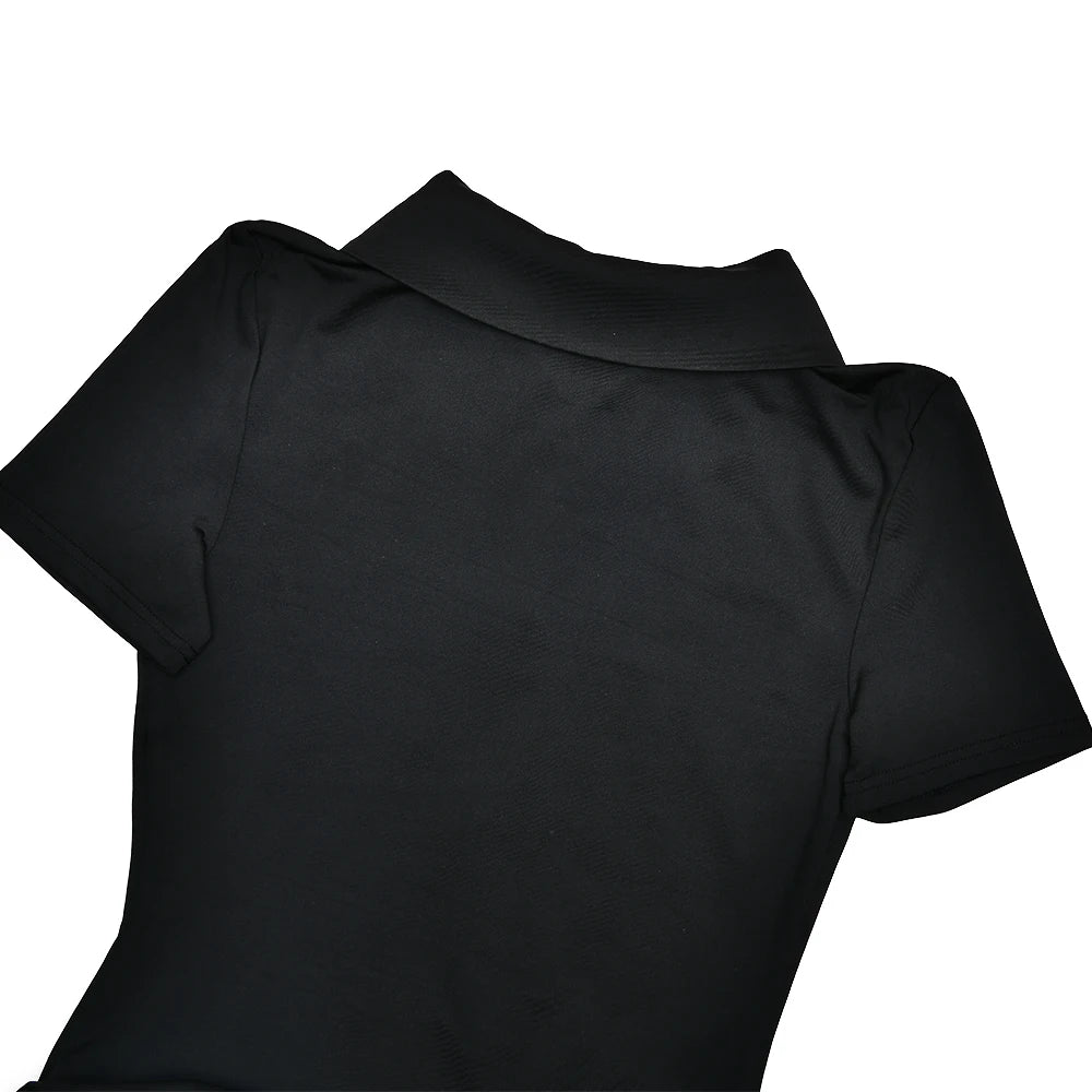 JULISSA MO Irregular Turn-down Collar Zipper Women Bodysuit Short Sleeve High Waist Bodysuit Autumn Slim Elegant Sporty Playsuit