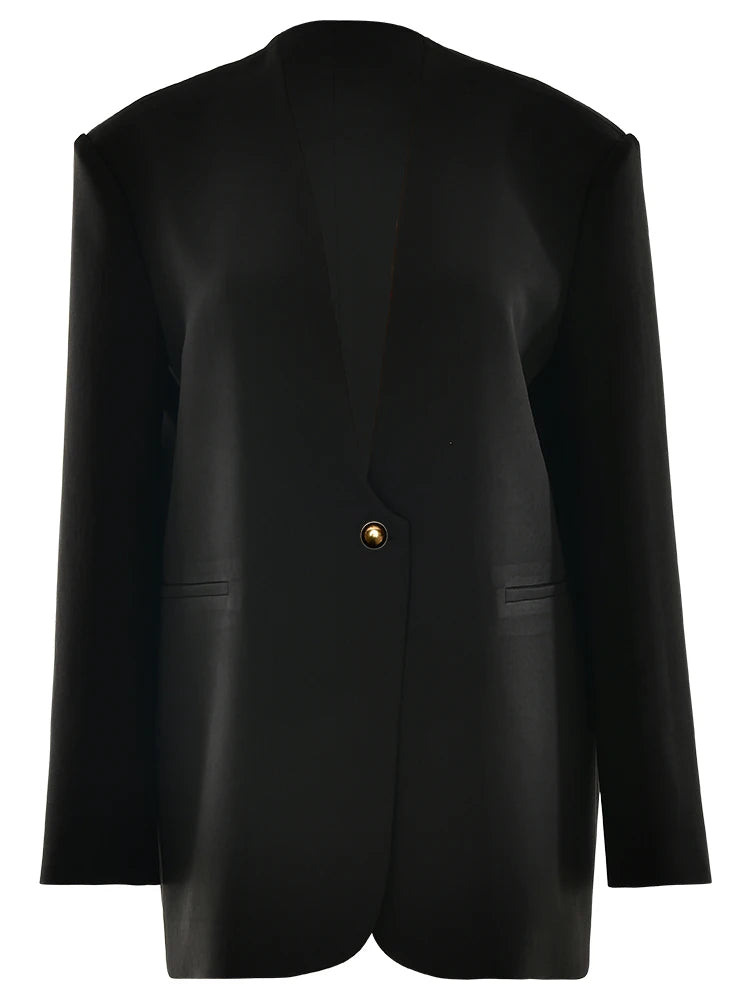 JULISSA MO Sexy Deep V-neck Single Button Women Blazer Black Long Sleeve Shoulder Pads Jackets Winter Loose Elegant Blazer Coat
