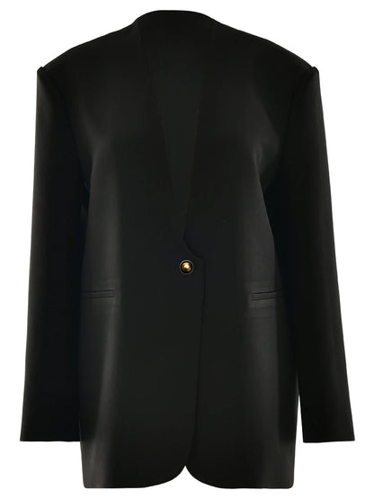 JULISSA MO Sexy Deep V-neck Single Button Women Blazer Black Long Sleeve Shoulder Pads Jackets Winter Loose Elegant Blazer Coat