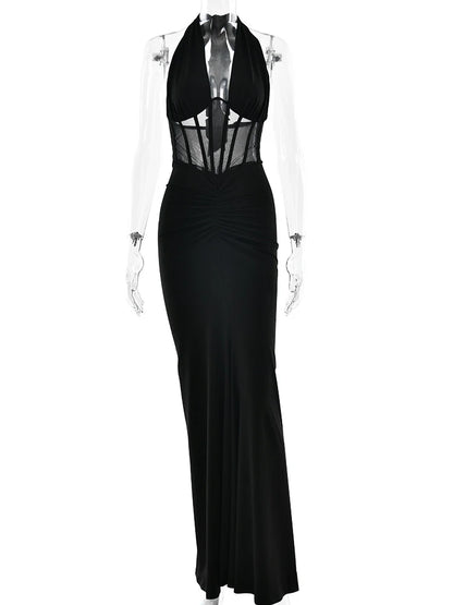 JULISSA MO Patchwork Sexy Deep V-neck Halter Women Maxi Dress Backless See Through Dress Summer Slim Elegant Party Evening Dress