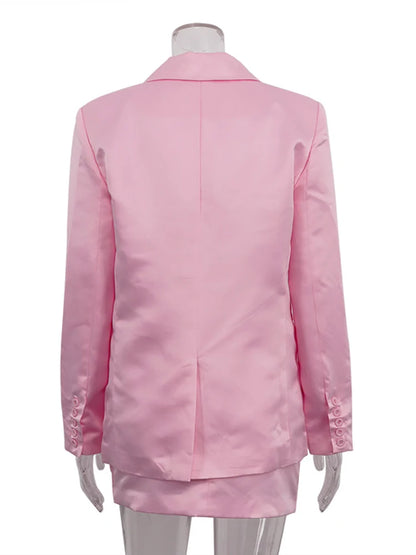 JULISSA MO Satin Turn-down Collar Button Women Blazer Sets Pink Long Sleeve Blazer Mini Skirt Summer Slim Casual Two Piece Sets