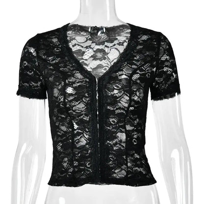 JULISSA MO Sexy Deep V-neck Sheer Lace Women T-shirt Black Short Sleeve Floral T-shirt Summer Skinny Casual Vacation Streetwear