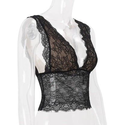 JULISSA MO Sexy Deep V-neck See Through Lace Women Vest Tops Black Sleeveless Solid Crop Top Summer Slim Elegant Streetwear 2026