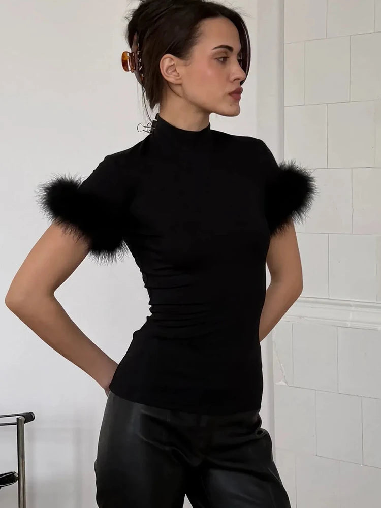 JULISSA MO Women’s Turtleneck Feather Sleeve Crop Top