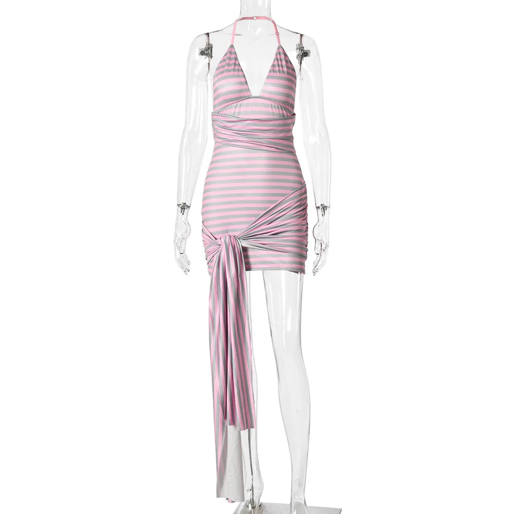 JULISSA MO Sexy Backless Print Striped Bandage Women Mini Dress Hollow Out Halter Dress Summer Skinny Elegant Party Club Dresses