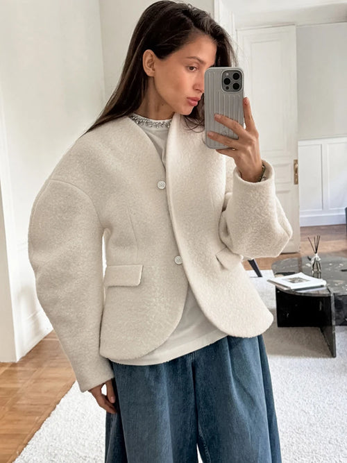 JULISSA MO Autumn Winter New Thick Woolen Coat Women White Long Sleeve Single Breasted Coat Female Loose Casual Streetwear 2025