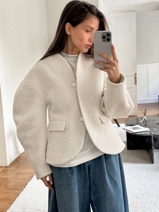 JULISSA MO Autumn Winter New Thick Woolen Coat Women White Long Sleeve Single Breasted Coat Female Loose Casual Streetwear 2025