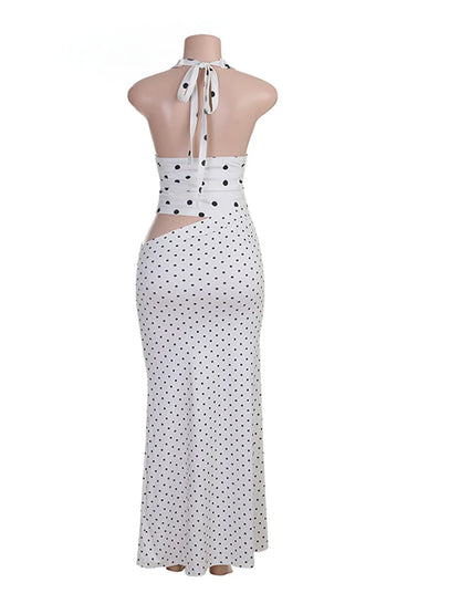 JULISSA MO Sexy Deep V-neck Print Polka Dot Halter Women Skirt Suit Backless Top Long Skirt Summer Skinny Elegant Two Piece Sets
