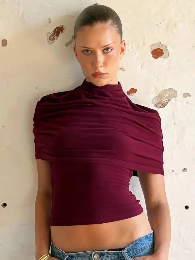 JULISSA MO Solid Turtleneck Pleated Women Tops Apricot Strapless Tank Top Pullover Shawl Summer Slim Casual Two Piece Sets 2026