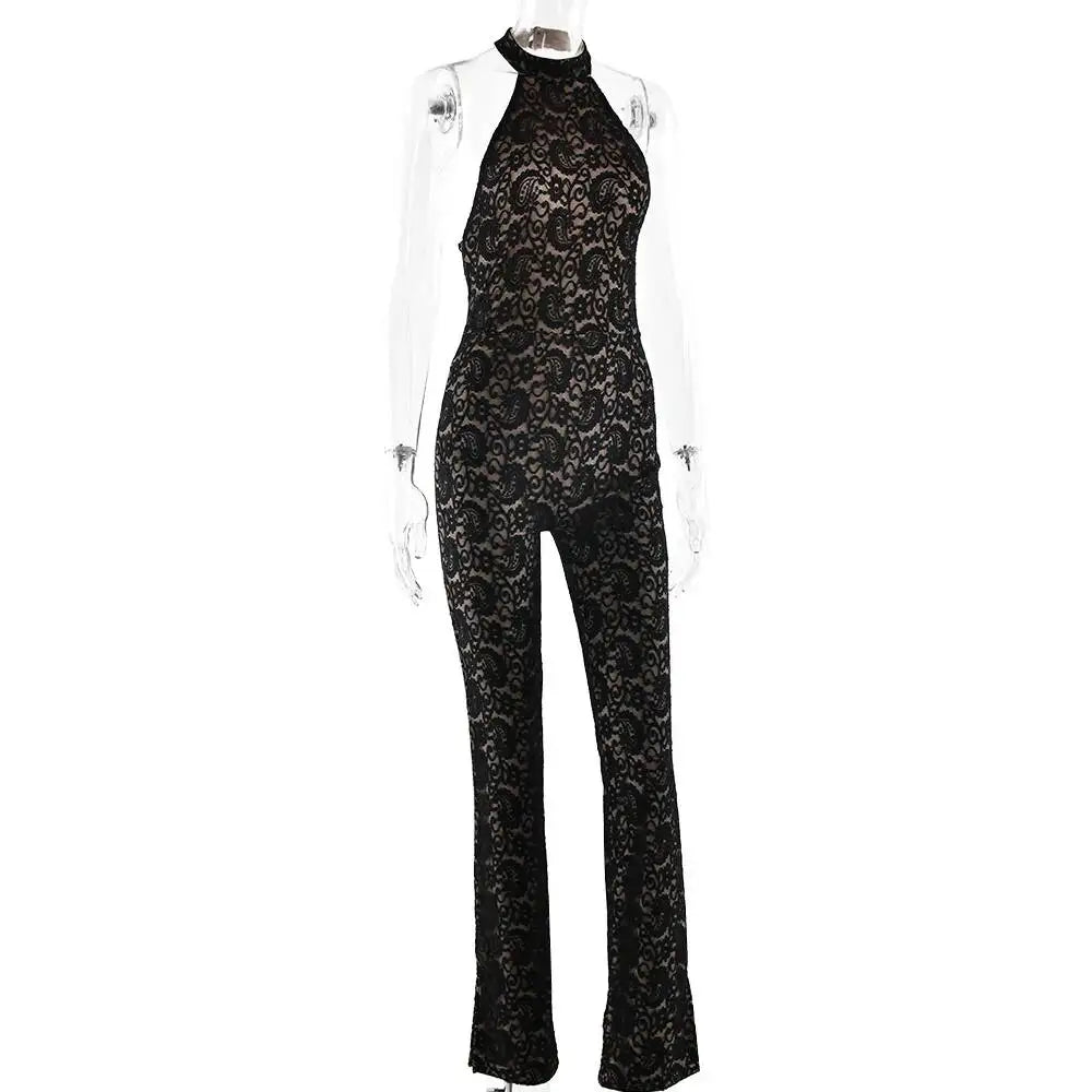 JULISSA MO Sexy Backless Sheer Lace Halter Women Jumpsuit Sleeveless High Waist Playsuit Spring Slim Elegant Party Clubwear 2026