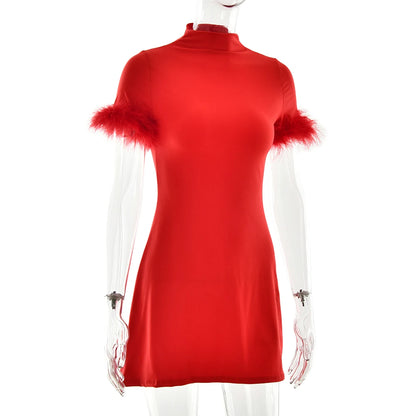 JULISSA MO Turtleneck Patchwork Feather Sleeve Women Mini Dress Short Sleeve A-line Dress Spring Skinny Elegant Party Club Dress