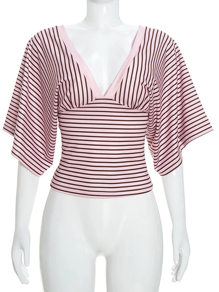 JULISSA MO Sexy V-neck Print Striped Women T-shirt Pink Mid Sleeve Backless Short Female T-shirt Summer Loose Casual Streetwear