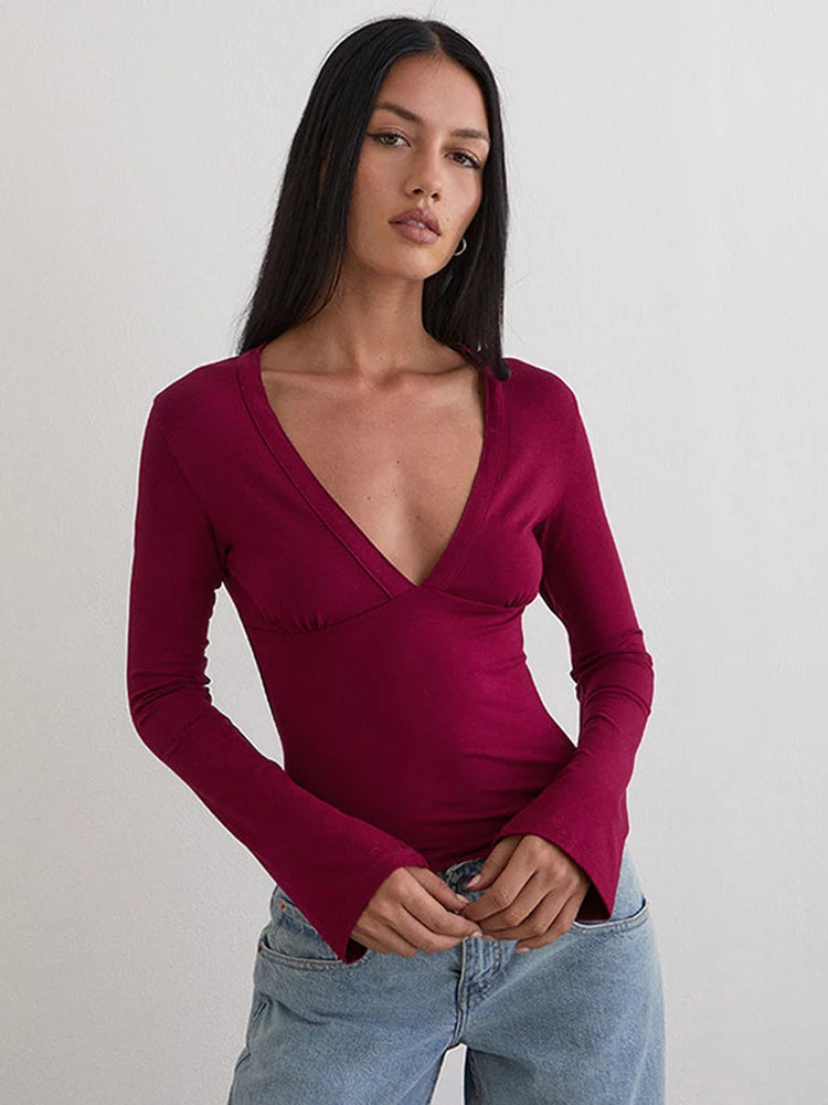 JULISSA MO Sexy Deep V-neck Solid Casual Women T-shirt Black Long Sleeve Sporty Short T-shirts Summer Skinny Elegant Streetwear