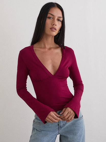 JULISSA MO Sexy Deep V-neck Solid Casual Women T-shirt Black Long Sleeve Sporty Short T-shirts Summer Skinny Elegant Streetwear