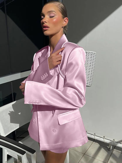 JULISSA MO Satin Turn-down Collar Button Women Blazer Sets Pink Long Sleeve Blazer Mini Skirt Summer Slim Casual Two Piece Sets