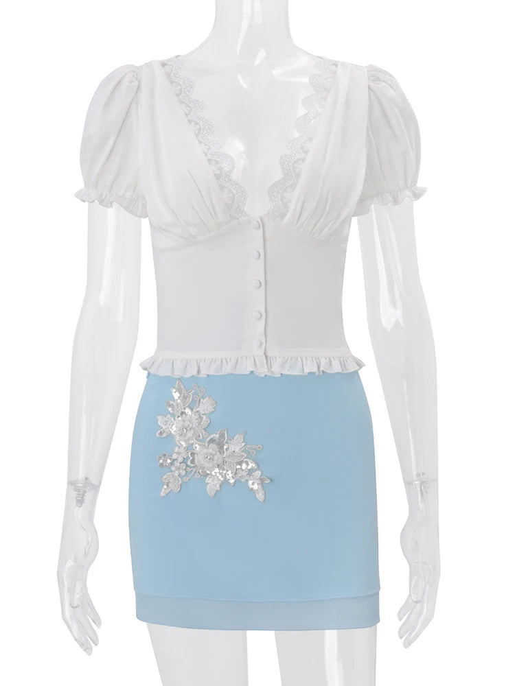 JULISSA MO Patchwork Lace Deep V-neck Flower Sequins Women Skirt Suit Puff Sleeve Tops Mini Skirts Summer Slim Casual Streetwear