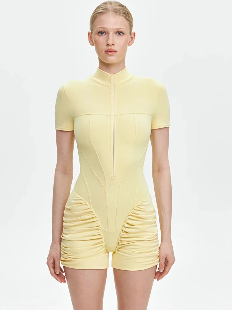 JULISSA MO Turtleneck Yoga Short Sleeve Zipper Women Playsuit High Waist Ruched Bodysuit Summer Slim Casual Sporty Playsuit New