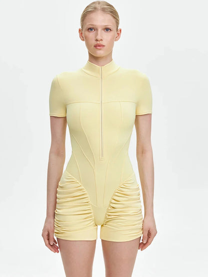 JULISSA MO Turtleneck Yoga Short Sleeve Zipper Women Playsuit High Waist Ruched Bodysuit Summer Slim Casual Sporty Playsuit New