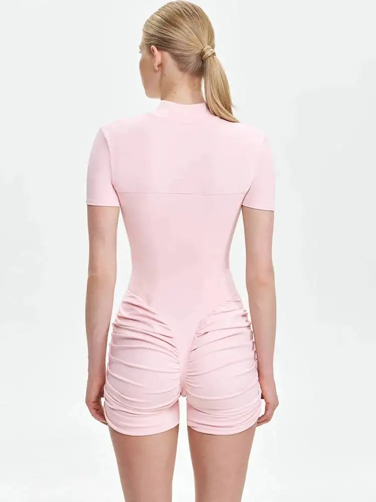 JULISSA MO Turtleneck Yoga Short Sleeve Zipper Women Playsuit High Waist Ruched Bodysuit Summer Slim Casual Sporty Playsuit New