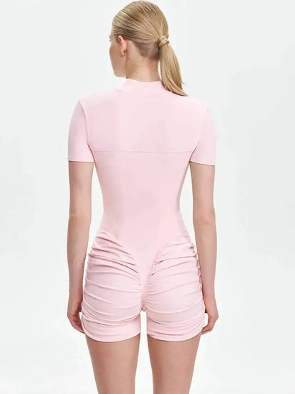 JULISSA MO Turtleneck Yoga Short Sleeve Zipper Women Playsuit High Waist Ruched Bodysuit Summer Slim Casual Sporty Playsuit New