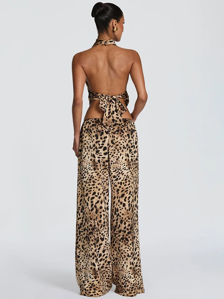 JULISSA MO Sexy Backless Print Leopard Halter Women Pant Set Sleeveless Tops Long Wide Pants Summer Loose Casual Two Piece Sets