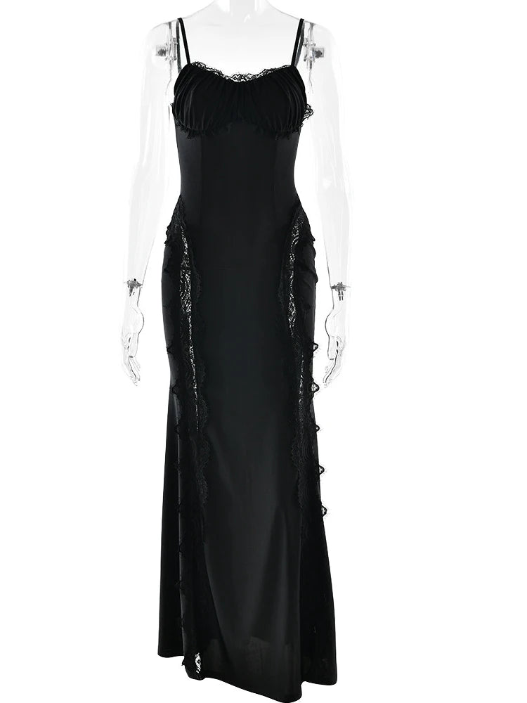 JULISSA MO Patchwork Sexy Sheer Lace Women Maxi Dress Spaghetti Strap High Waist Dress Winter Skinny Elegant Party Evening Dress