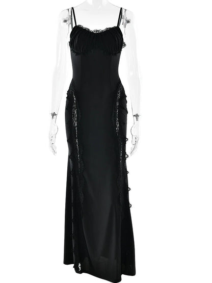 JULISSA MO Patchwork Sexy Sheer Lace Women Maxi Dress Spaghetti Strap High Waist Dress Winter Skinny Elegant Party Evening Dress
