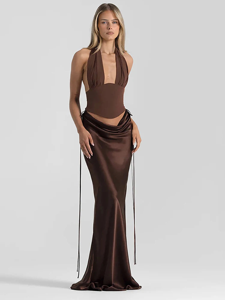 JULISSA MO Sexy Deep V-neck 2 Piece Sets Women Skirt Suit Brown Backless Top Long Drawstring Skirt Spring Slim Elegant Skirt Set