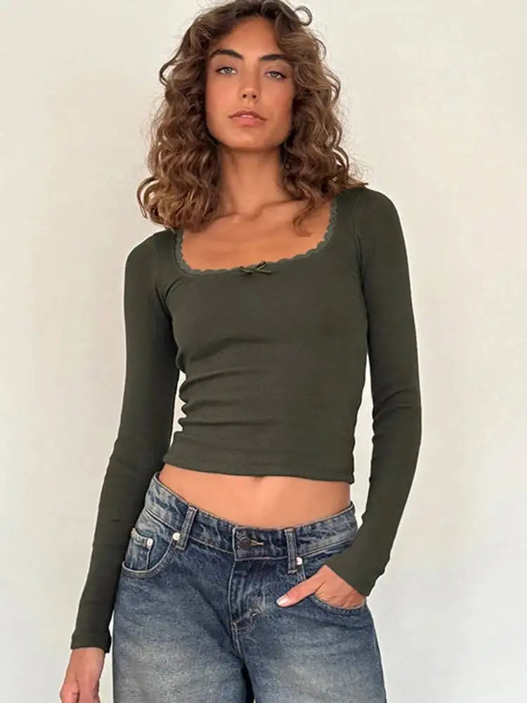 JULISSA MO Sexy Square Collar Lace Bow Women T-shirt White Long Sleeve Casual Short T-shirt Summer Slim Elegant Streetwear 2026