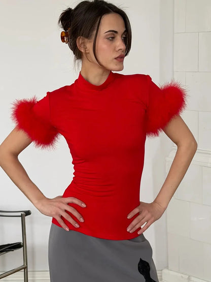 JULISSA MO Turtleneck Patchwork Feather Sleeve Women T-shirts Short Sleeve Casual Short Tops Summer Slim Fashion Party Clubwear