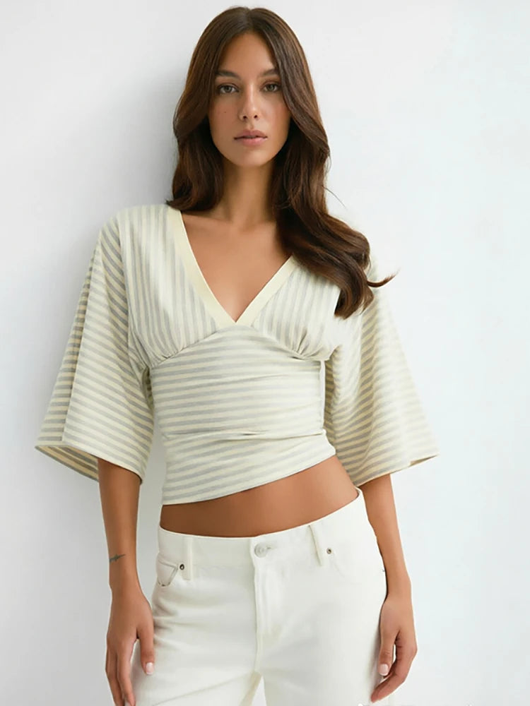 JULISSA MO Sexy V-neck Print Striped Women T-shirt Pink Mid Sleeve Backless Short Female T-shirt Summer Loose Casual Streetwear