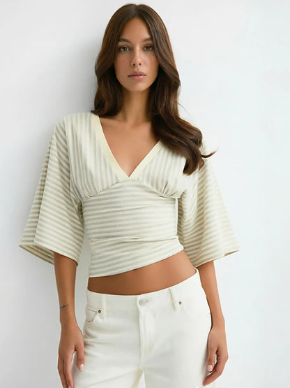 JULISSA MO Sexy V-neck Print Striped Women T-shirt Pink Mid Sleeve Backless Short Female T-shirt Summer Loose Casual Streetwear