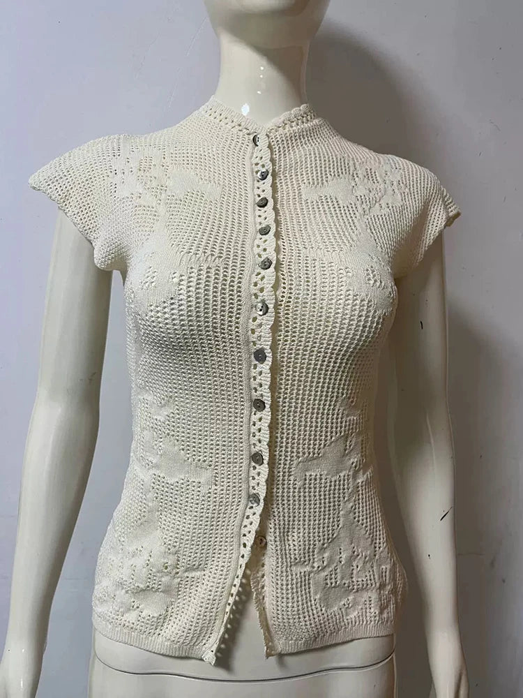 JULISSA MO Knitted Sexy Hollow Out Single Breasted Women Tops Apricot Short Sleeve Round Neck Tops Summer Slim Casual Streetwear