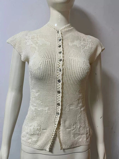 JULISSA MO Knitted Sexy Hollow Out Single Breasted Women Tops Apricot Short Sleeve Round Neck Tops Summer Slim Casual Streetwear