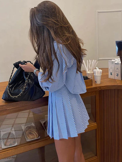 JULISSA MO Print Striped Turn-down Collar Women Two Piece Sets Long Sleeve Shirt Mini Pleated Skirt Summer Slim Casual Skirt Set