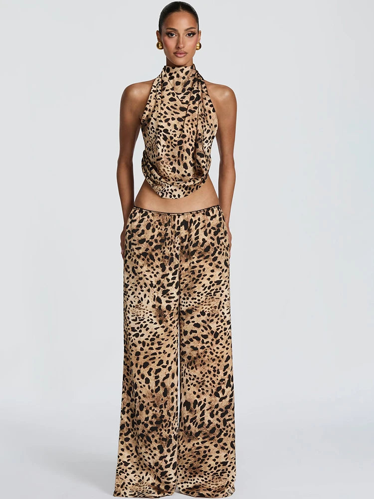 JULISSA MO Sexy Backless Print Leopard Halter Women Pant Set Sleeveless Tops Long Wide Pants Summer Loose Casual Two Piece Sets