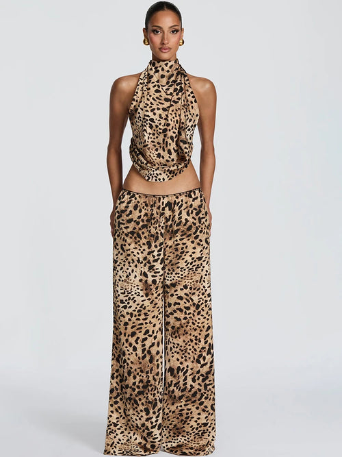JULISSA MO Sexy Backless Print Leopard Halter Women Pant Set Sleeveless Tops Long Wide Pants Summer Loose Casual Two Piece Sets
