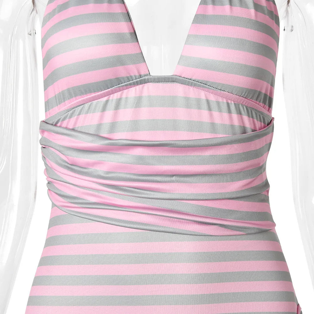 JULISSA MO Sexy Backless Print Striped Bandage Women Mini Dress Hollow Out Halter Dress Summer Skinny Elegant Party Club Dresses