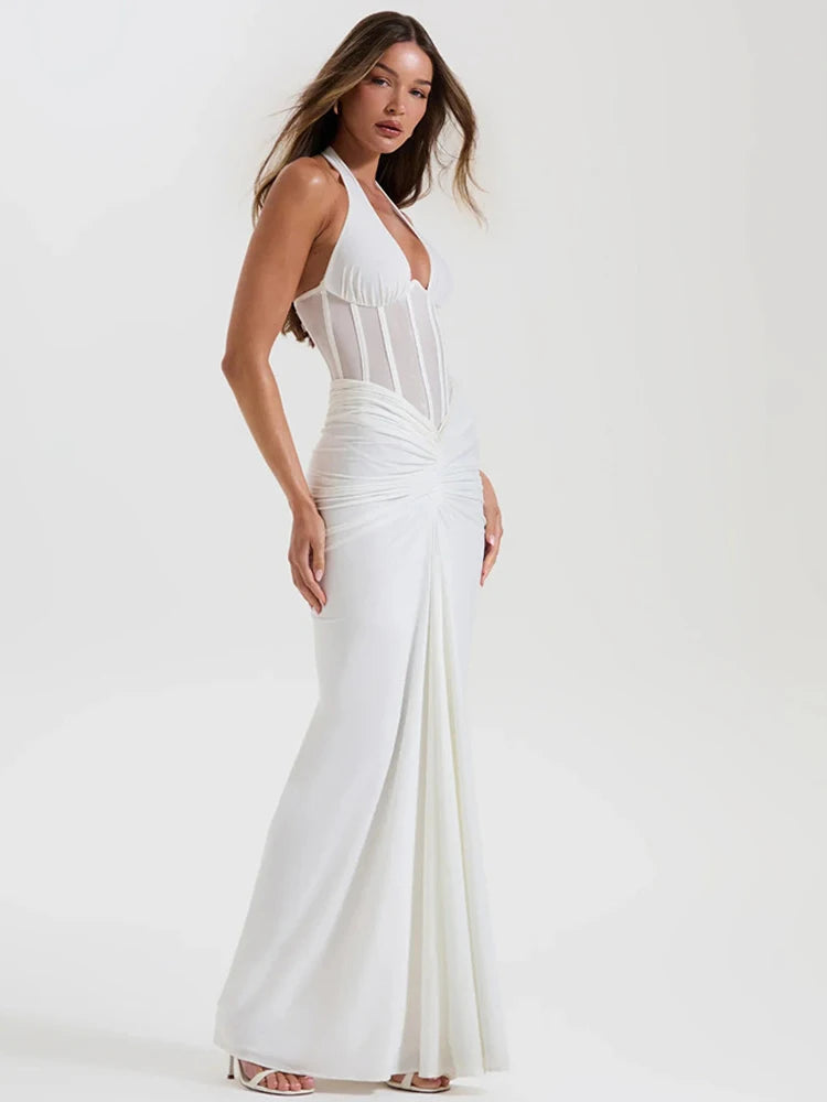 JULISSA MO Patchwork Sexy Deep V-neck Halter Women Maxi Dress Backless See Through Dress Summer Slim Elegant Party Evening Dress