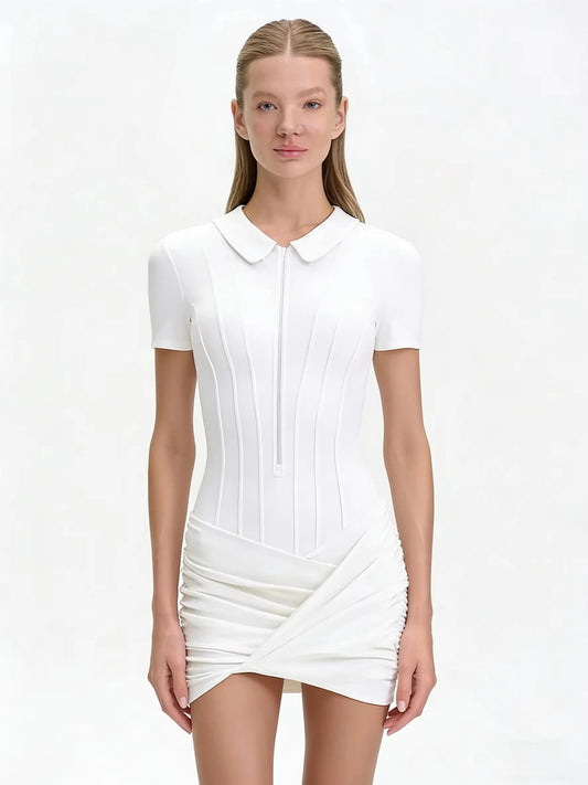 JULISSA MO Irregular Turn-down Collar Zipper Women Bodysuit Short Sleeve High Waist Bodysuit Autumn Slim Elegant Sporty Playsuit