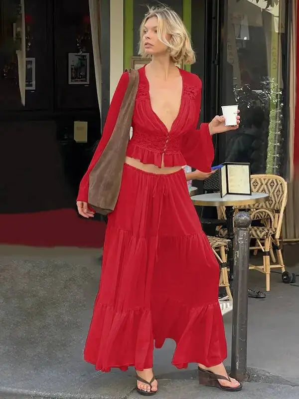 JULISSA MO Patchwork Sexy Deep V-neck Sheer Chiffon Women Skirt Set Long Sleeve Top Long Skirt Spring Slim Casual Two Piece Sets