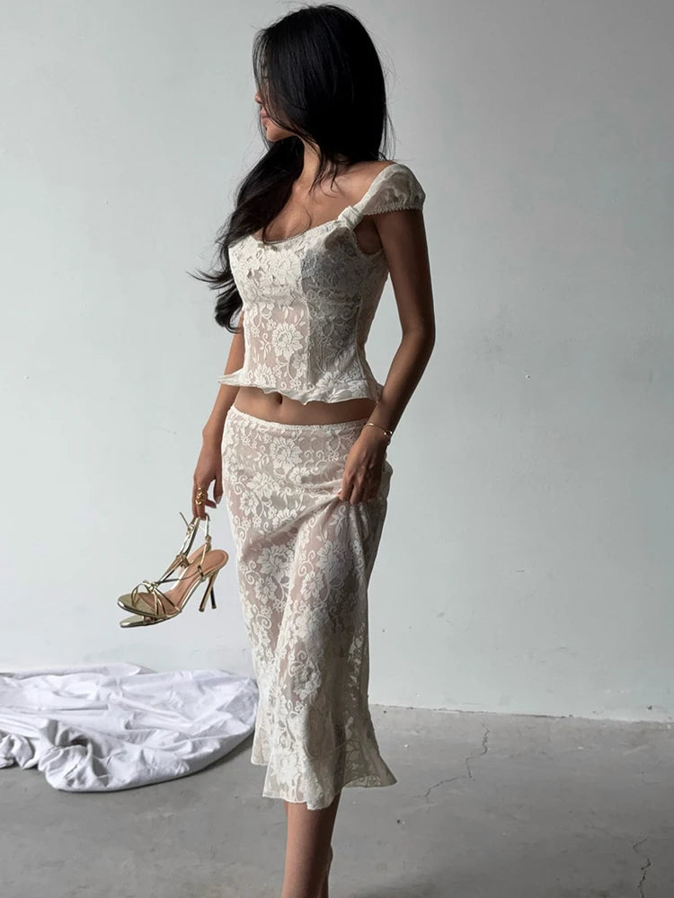 JULISSA MO Sexy Low Chest Jacquard Sheer Lace Women Skirt Suit Spaghetti Strap Top Long Skirt Summer Slim Casual Two Piece Sets